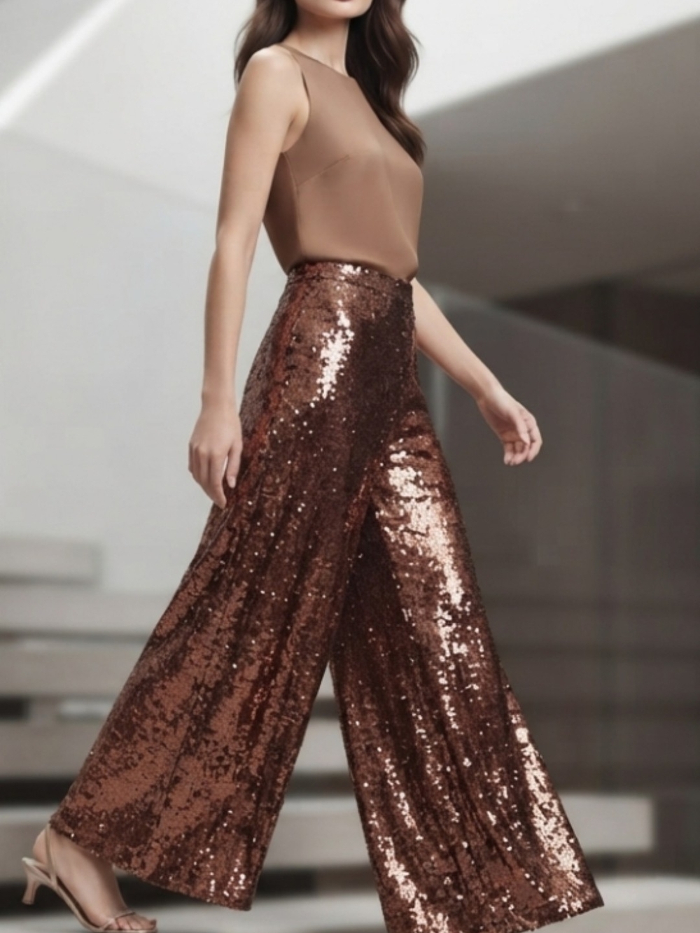 ​CHICME Bronze Sequin Wide Leg Pants Size L Sparkly Party Disco Cropped Glam